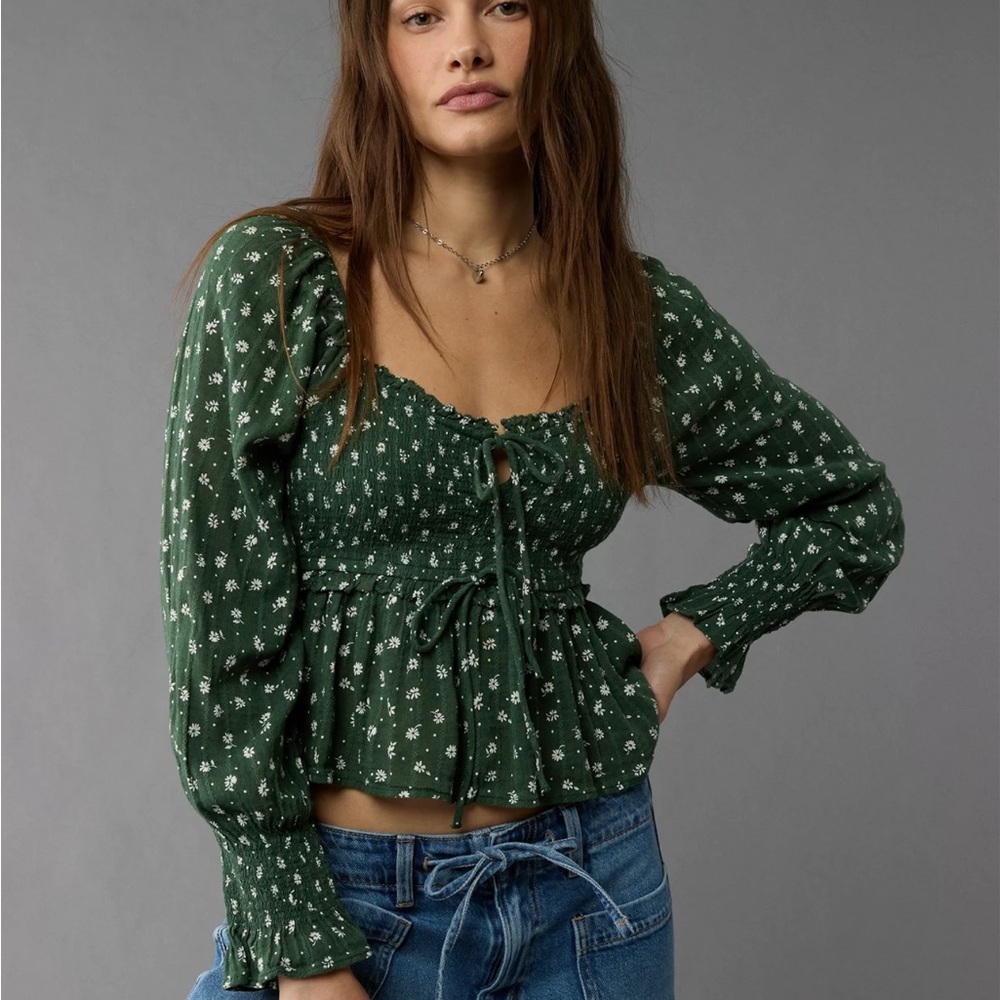 NWT- AE Long-Sleeve Smocked Tie Front Blouse